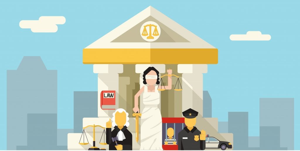Law Icons Set Justice Symbol Concept City Background Flat Design Vector Illustration