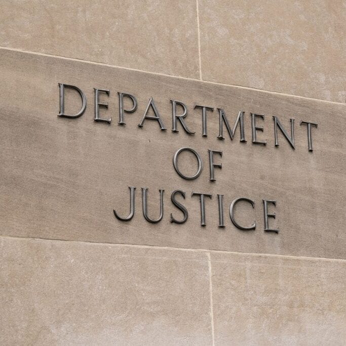 Washington, DC - July 12, 2017: United States Department of Justice sign in Washington, DC on July 12, 2017