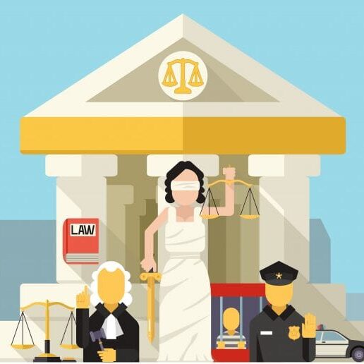 Law Icons Set Justice Symbol Concept City Background Flat Design Vector Illustration