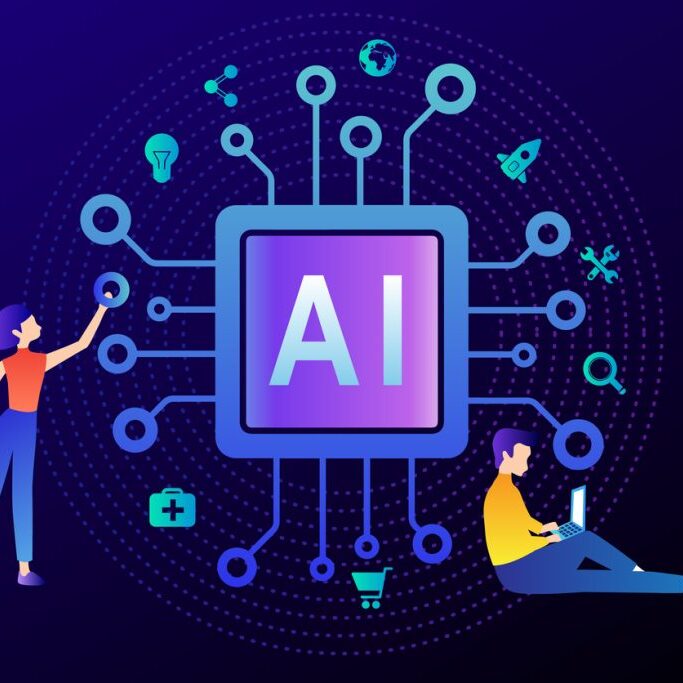 AI technology innovative applications vector infographic. Artificial intelligence, machine learning, data science and cognitive computing concept.