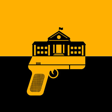 Illustration of a high school above a gun. Concept illustration of bad occurrence related to shooting in school premises.