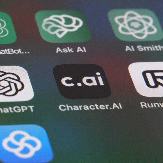 Shanghai,China-July 14th 2023: character.ai, openAI ChatGPT and Runway RunwayML app icon on screen. Assorted AI software applications