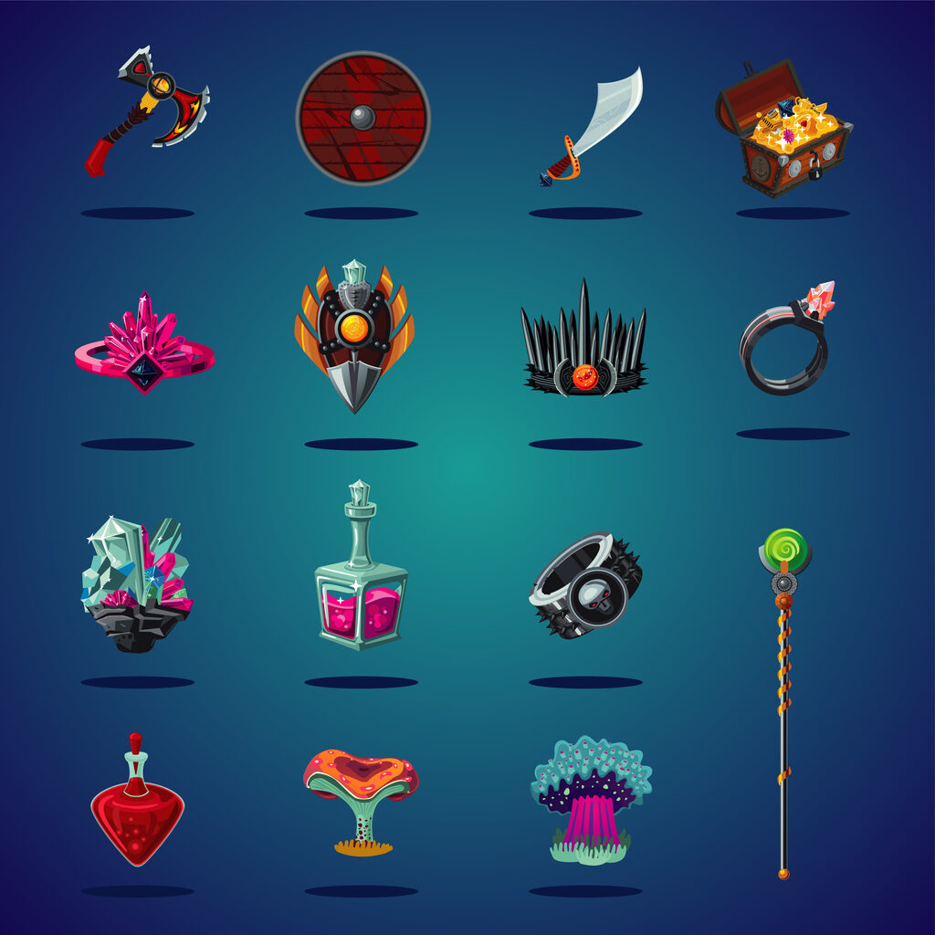 Set of magic items and resource for computer fantasy game. Legendary asset. Isolated cartoon icons set.