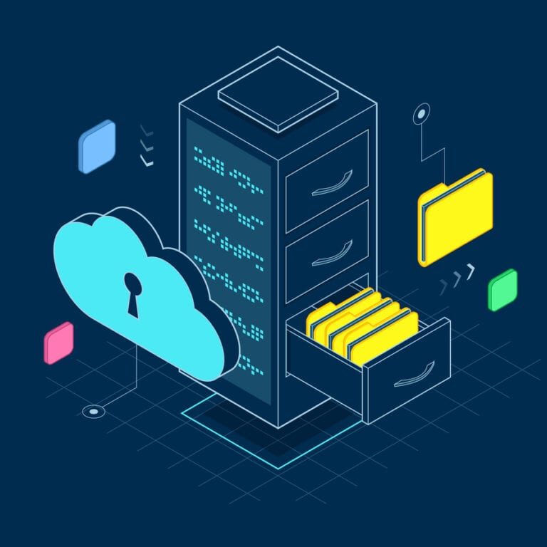 Isometric big data storage and cloud computing computer service on lines. Modern web network and internet telecommunication technology vector illustration.