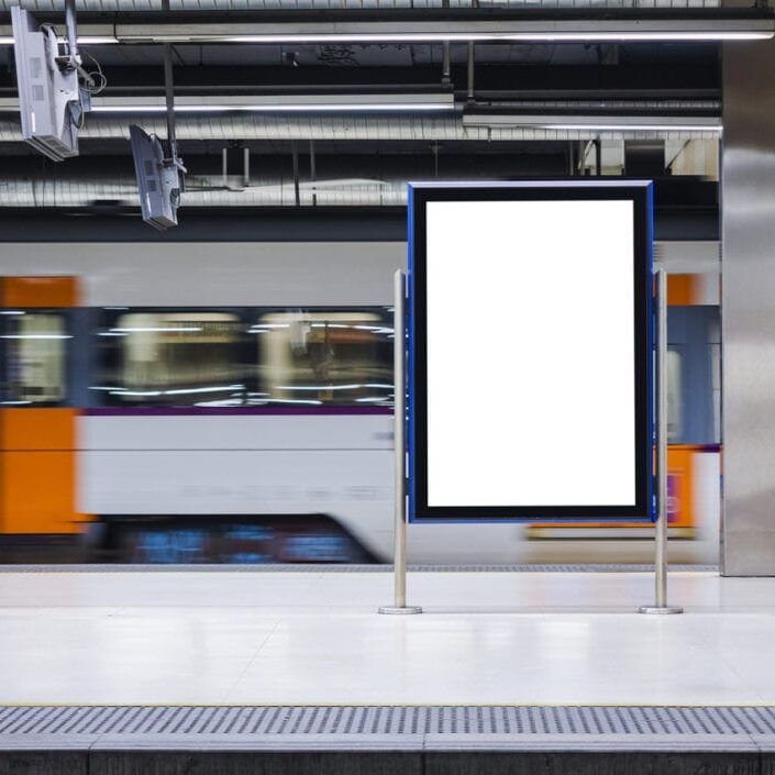 Mock up Board Banner Blank Poster in Subway Train station Blur Train moving background