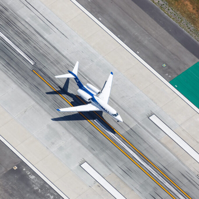 Los Angeles, California – April 14, 2019: Aerial view of Wheels Up Cessna 750 Citation X airplane at Los Angeles airport (LAX) in the United States.
