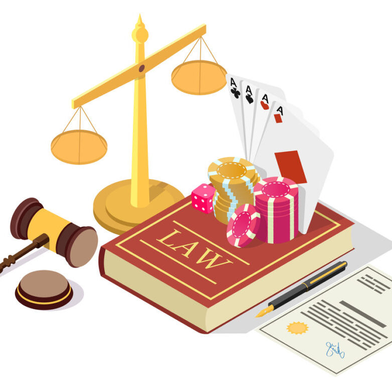 Casino legalization vector concept illustration. Isometric legal symbols Law book with gambling chips, dices, playing cards, scales of justice, judge gavel, gaming license.