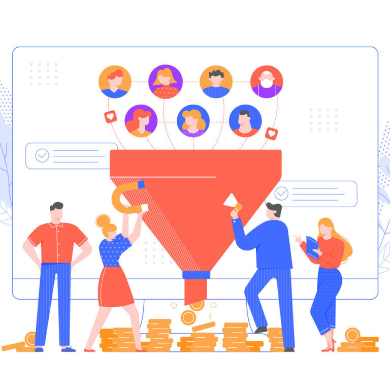 Lead generation. Increasing conversion, sales funnel strategy and generating or attracting new loyal leads vector illustration. Online monetization, market growth. Inbound marketing model, networking