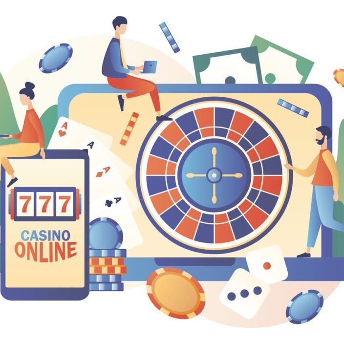 Internet Casino and Gambling Concept. Tiny people gaming online gambling games. People play online Poker, Roulette, Slot Machine. Modern flat cartoon style. Vector