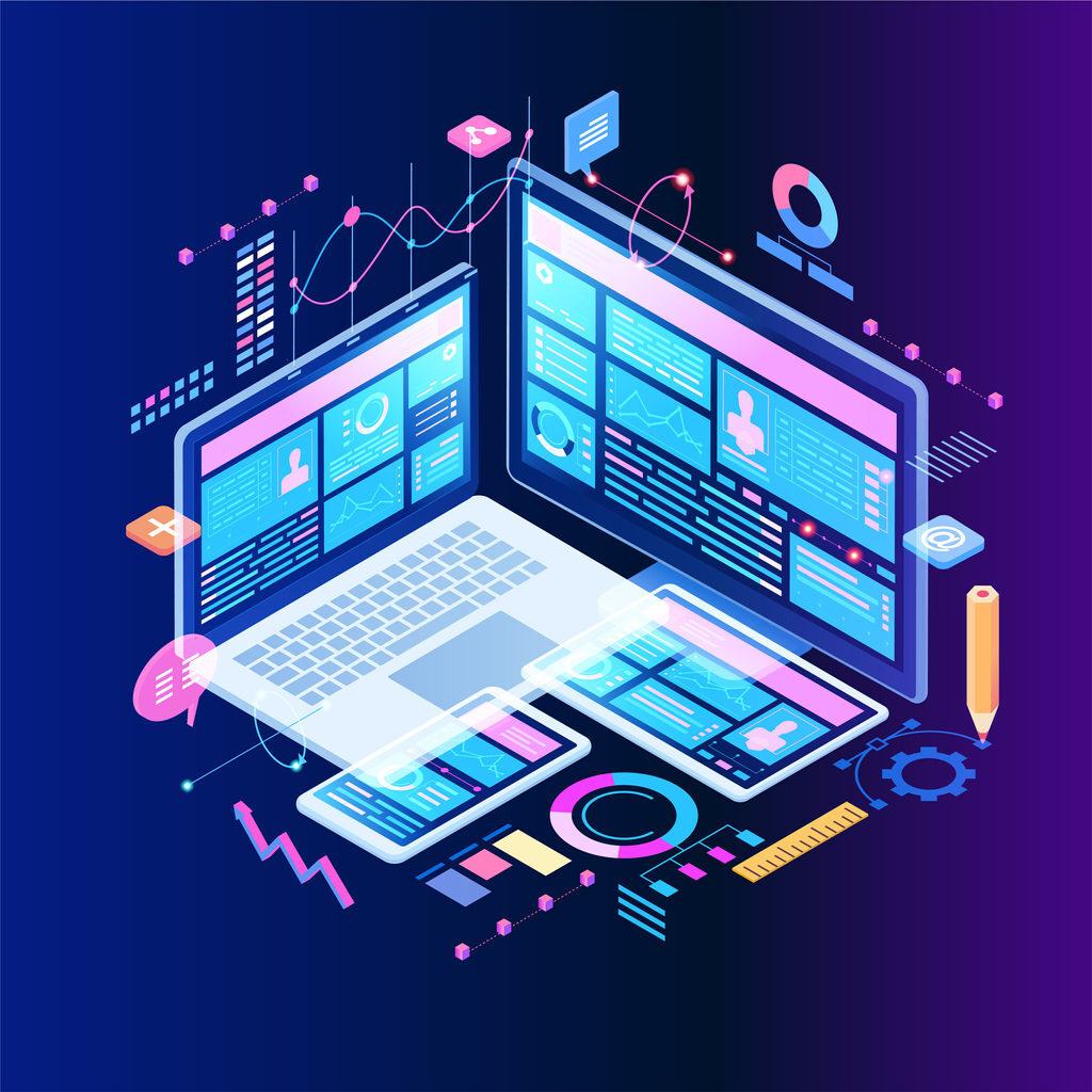 Building mobile interface on screen of laptop, smartphone, tablet. Developers use software on multiple devices.Cross-platform software. 3d isometric vector illustration.