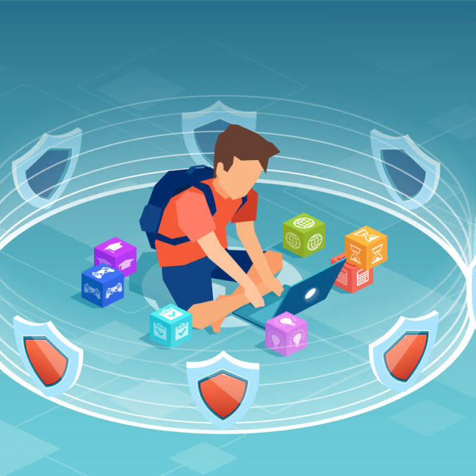 Vector of a boy, student using laptop computer surrounded by 3d shields, software protection