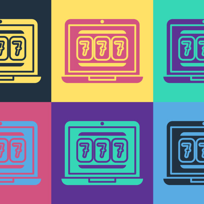 Pop art Laptop and slot machine with lucky sevens jackpot icon isolated on color background. Online casino. Vector Illustration