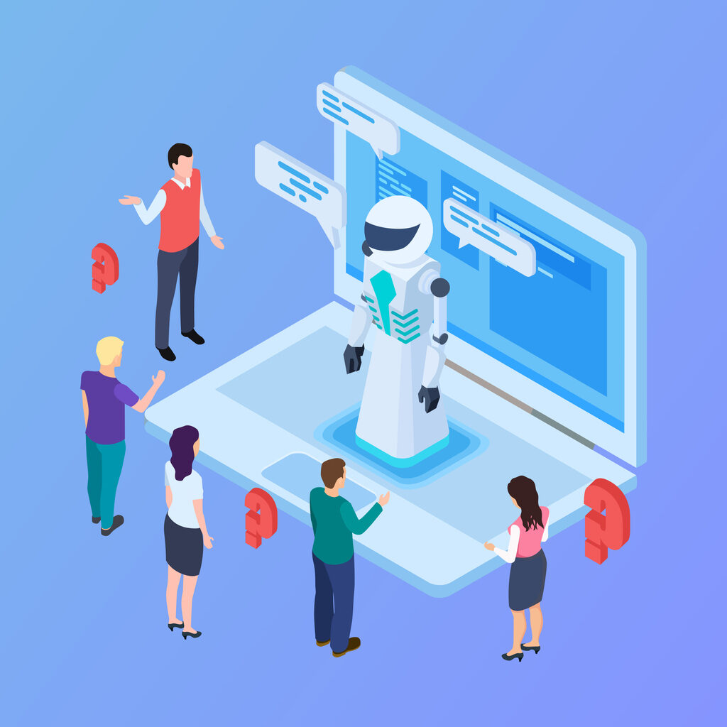 Chatbot vector concept. Isometric artificial intelligence robot with people. Robot intelligence, chat bot ai isometric, communication chatbot illustration