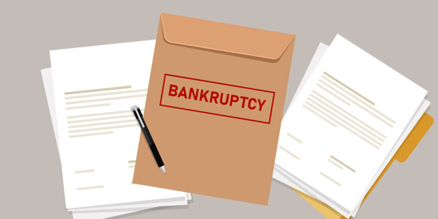 company files for bankruptcy legal law document process debt insolvency during crisis recession vector