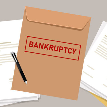 company files for bankruptcy legal law document process debt insolvency during crisis recession vector