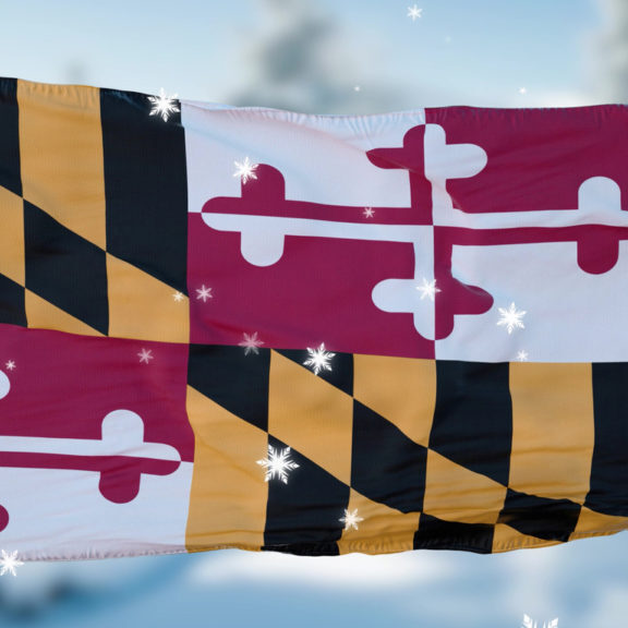 Maryland winter snowflakes flag background. United States of America. 3d illustration.