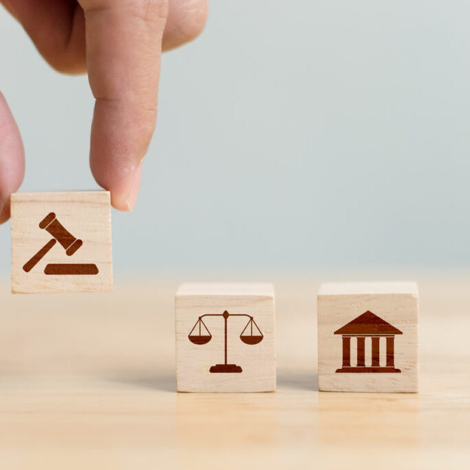 Wooden block cube shape with icon law legal justice