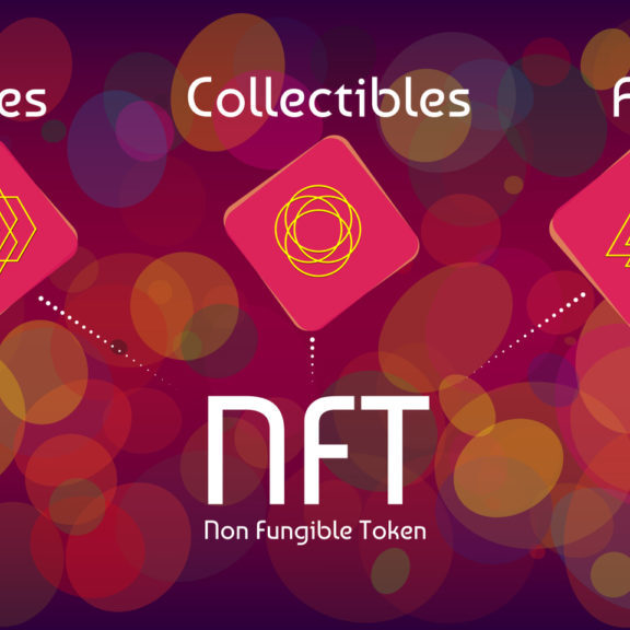 NFT non fungible tokens infographics on colorful abstract background. Pay for unique collectibles in games or art. Vector illustration.