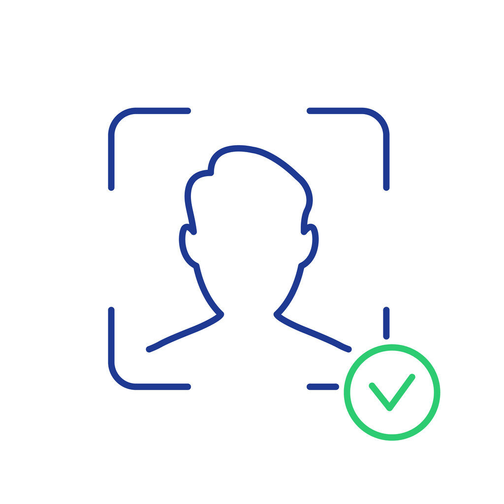 Face Recognition and Identification Line Icon. Face ID Line Icon. Facial Scan and Identification. Facial Recognition System Sign. Biometric Facial Detection pictogram. Vector illustration.