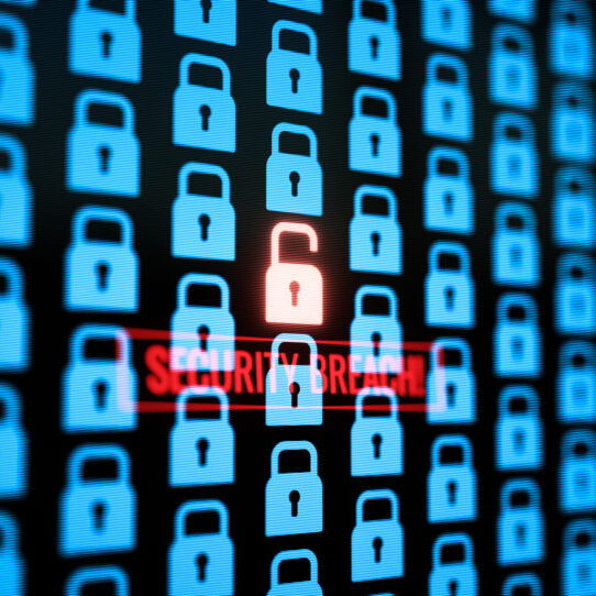 Security Breach Warning In Big Monitor Displaying, Cloud Security, Hacker Attack On Cloud Security System Shield