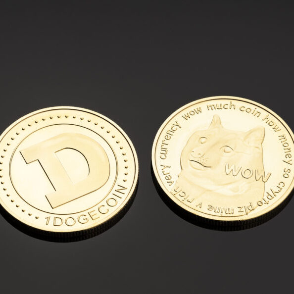 Galicia, Spain; June 11, 2021:Dogecoin coin isolated on black background. Cryptocurrency blockchain money