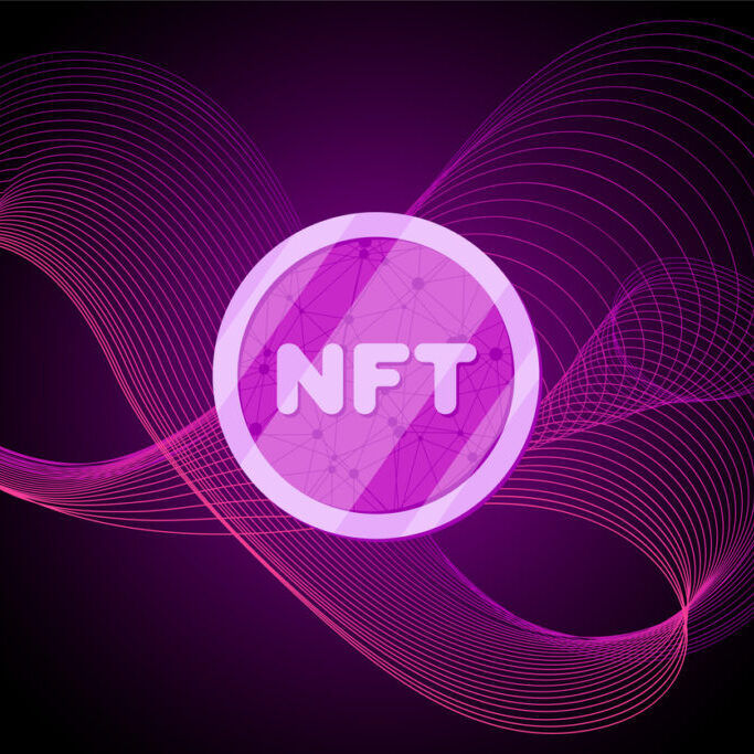 NFT non fungible token on abstract linear striped lilac purple background. Online money for buy exclusive art poster. Pay for unique collectibles in games banner. Blockchain technology crypto coin eps
