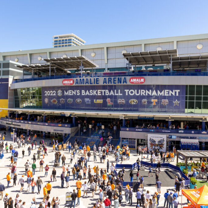 Tampa, FL - March 13, 2022 - Fans outside Amalie Arena for the 2022 SEC Men's Basketball Tournament