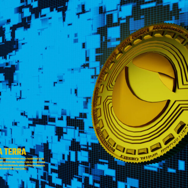 Terra (LUNA) crypto currency token logo on coin technology themed design.