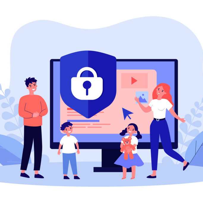 Internet filter to control social media content for kids. Tiny man, woman and children standing near PC lock screen flat vector illustration. Ban concept for banner, website design or landing web page