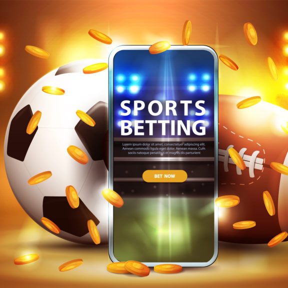 Sports betting, yellow banner for website with smartphone and football balls in gold stadium arena with spotlights