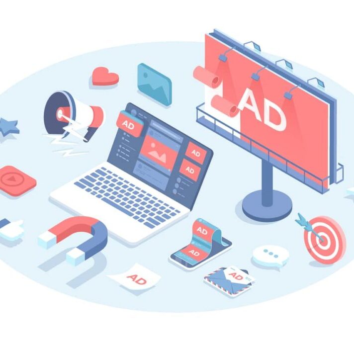 Advertising marketing campaign. Product promotion using outdoor, internet ads, direct marketing. Photo video ad in social networks, spam, billboard. Vector illustration in 3d design. Isometric banner