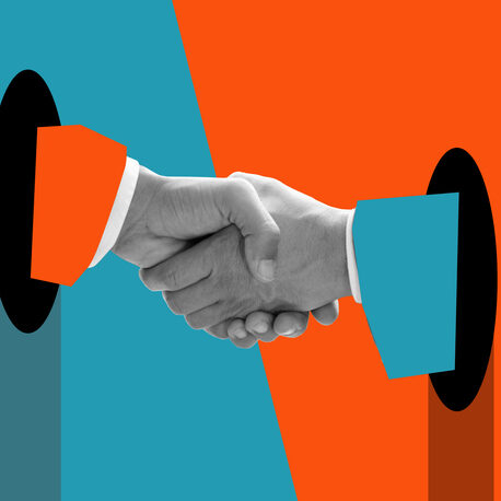 A handshake of businessmen. Modern design with a positive context. Concept of help, support, and agreement between businessmen. Modern art collage, trendy magazine style.
