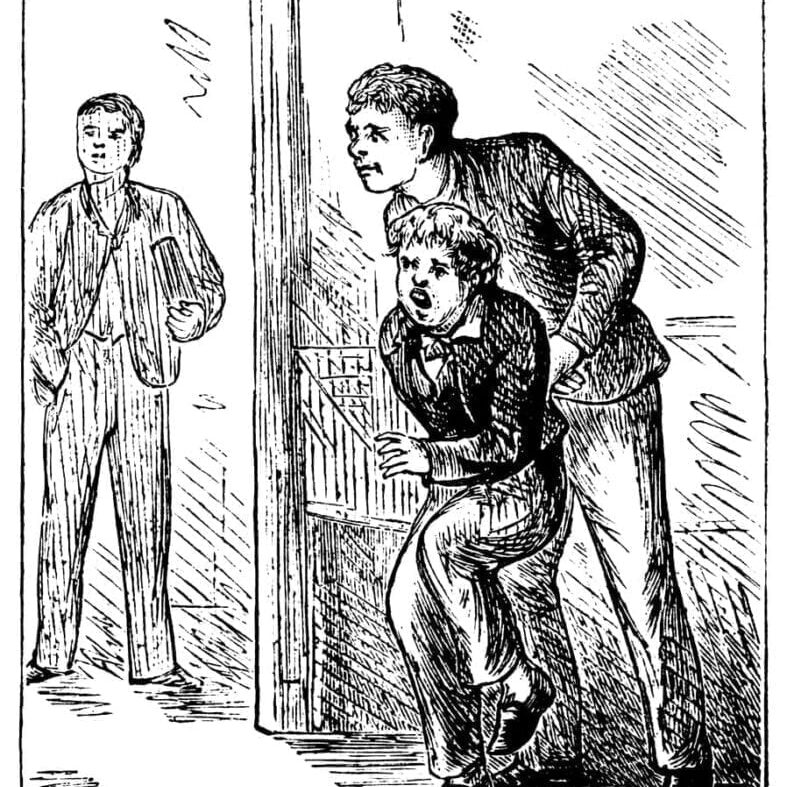 An unfortunate child being tormented, tickled, hurt or generally bullied by an older boy. From ‘The Boy’s Own Paper’ 1879-80, a British newspaper for boys which was at that time published by the Religious Tract Society and which featured stories, heroic deeds, facts, educational items and illustrations.
