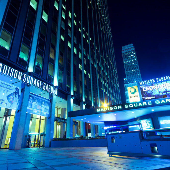 New York City, USA - September 13, 2012:  Entrance to Madison Square Garden in New York on the night of Sept. 13, 2012. This landmark multi-purpose indoor arena, also know as The Garden and MSG, is located in Midtown Manhattan above Penn Station.  It opened to the public in February 1968.