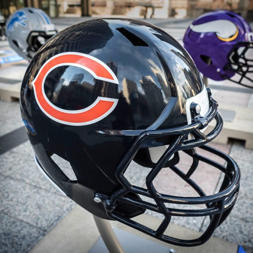 Chicago, IL , USA-April 19th 2015: Big helmets in downtown Chicago, getting ready for the NFL draft.