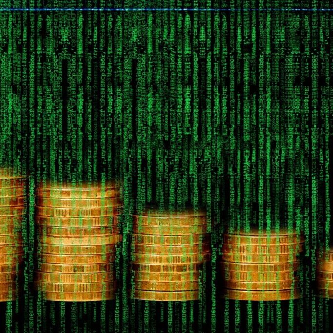 Code matrix and gold coins pile