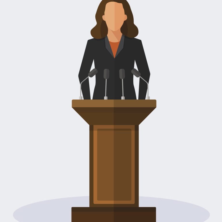 Politician woman standing behind rostrum and giving a speech. Vector flat style colorful illustration