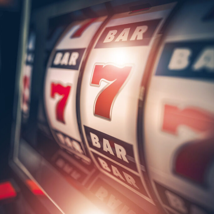 Casino Slot Games Playing Concept 3D Illustration. One Armed Bandit Slot Machine Closeup.