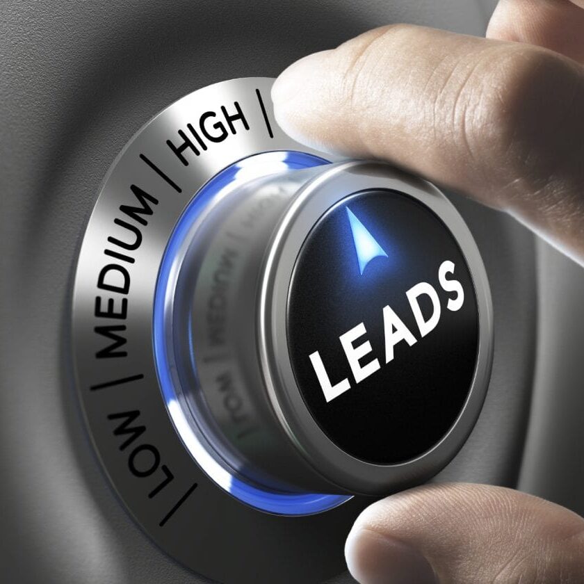 Leads button pointing  high position with two fingers, blue and grey tones, Conceptual image for increasing sales lead.